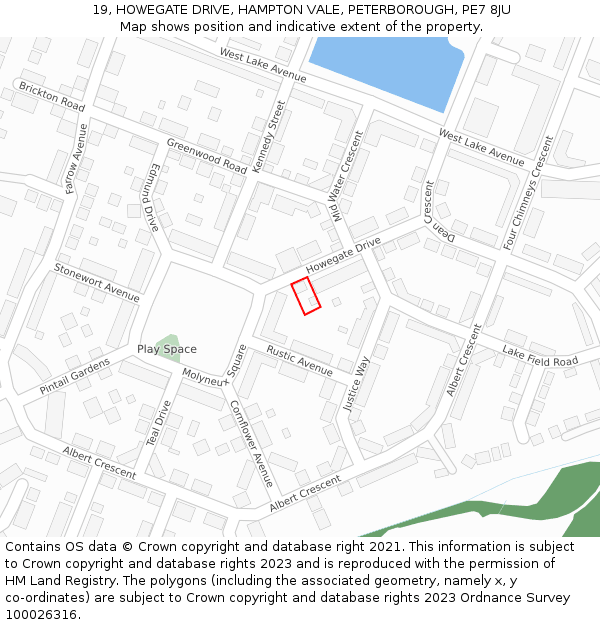 19, HOWEGATE DRIVE, HAMPTON VALE, PETERBOROUGH, PE7 8JU: Location map and indicative extent of plot