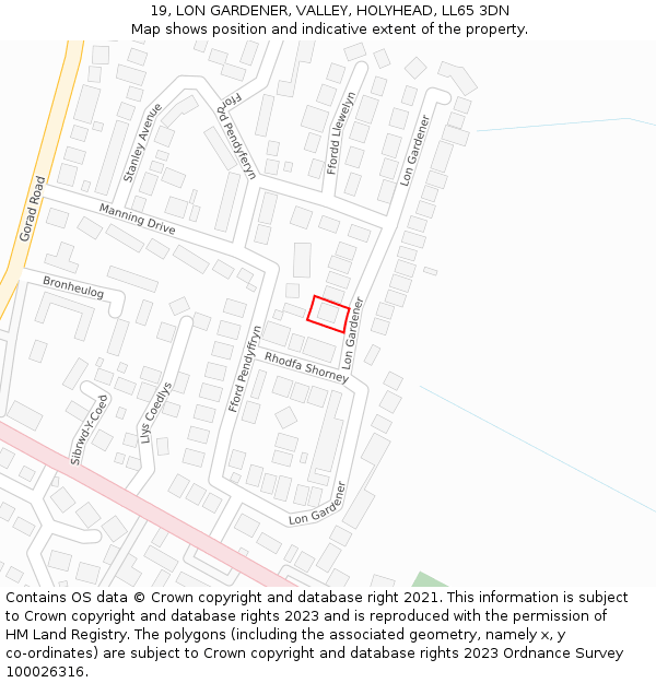 19, LON GARDENER, VALLEY, HOLYHEAD, LL65 3DN: Location map and indicative extent of plot