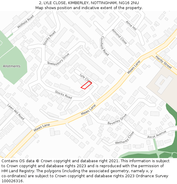 2, LYLE CLOSE, KIMBERLEY, NOTTINGHAM, NG16 2NU: Location map and indicative extent of plot