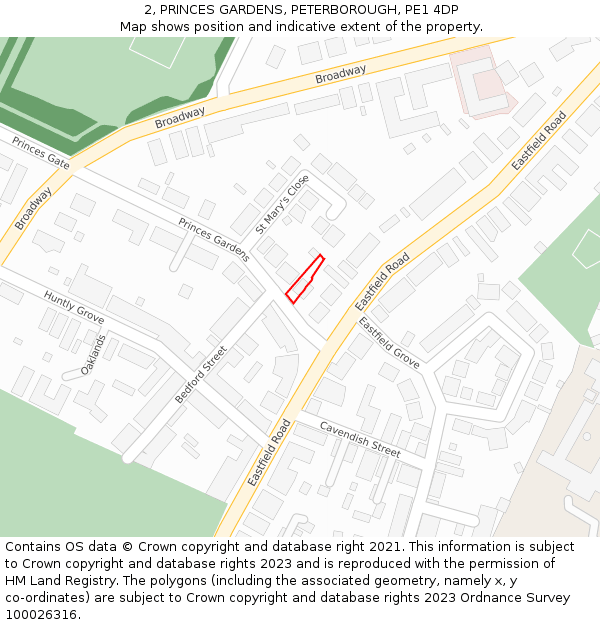 2, PRINCES GARDENS, PETERBOROUGH, PE1 4DP: Location map and indicative extent of plot