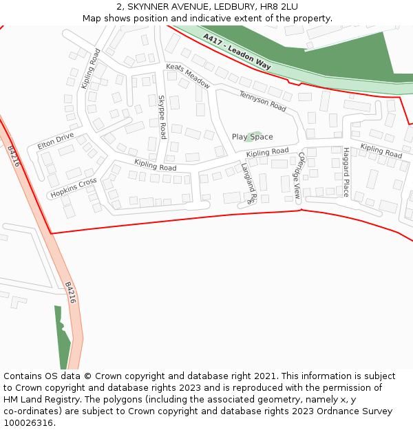 2, SKYNNER AVENUE, LEDBURY, HR8 2LU: Location map and indicative extent of plot