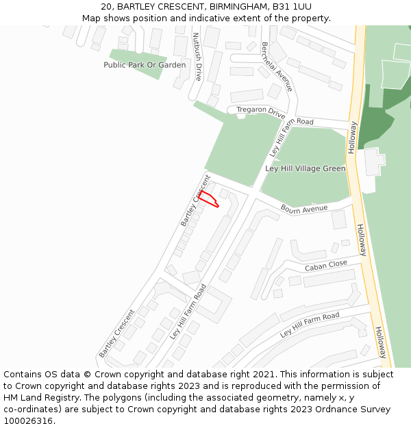20, BARTLEY CRESCENT, BIRMINGHAM, B31 1UU: Location map and indicative extent of plot