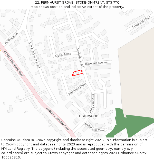 22, FERNHURST GROVE, STOKE-ON-TRENT, ST3 7TQ: Location map and indicative extent of plot