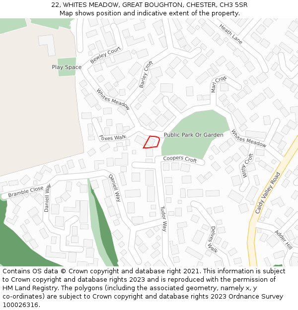 22, WHITES MEADOW, GREAT BOUGHTON, CHESTER, CH3 5SR: Location map and indicative extent of plot