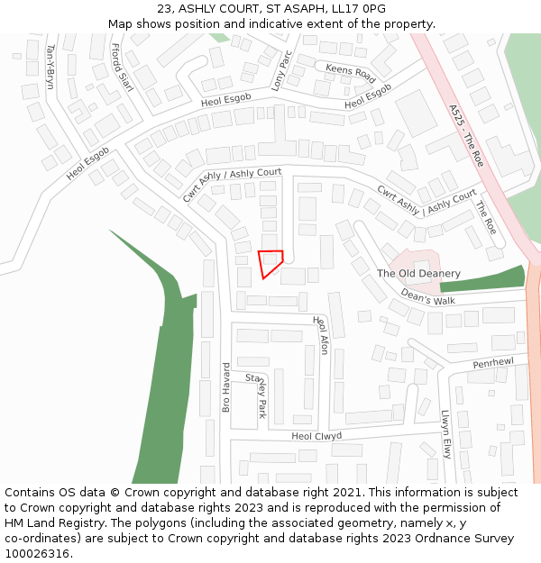 23, ASHLY COURT, ST ASAPH, LL17 0PG: Location map and indicative extent of plot
