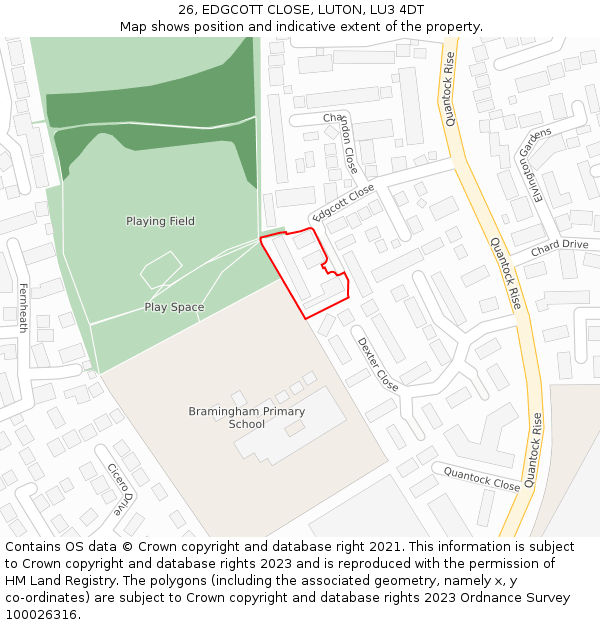 26, EDGCOTT CLOSE, LUTON, LU3 4DT: Location map and indicative extent of plot