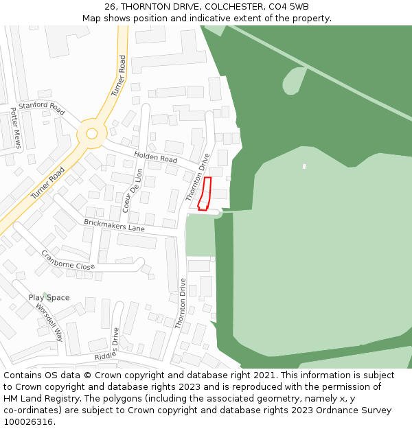 26, THORNTON DRIVE, COLCHESTER, CO4 5WB: Location map and indicative extent of plot