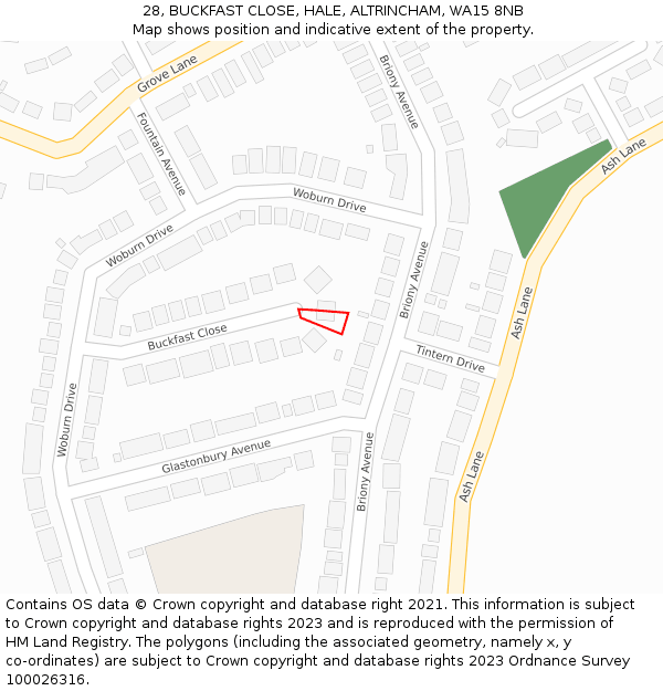 28, BUCKFAST CLOSE, HALE, ALTRINCHAM, WA15 8NB: Location map and indicative extent of plot