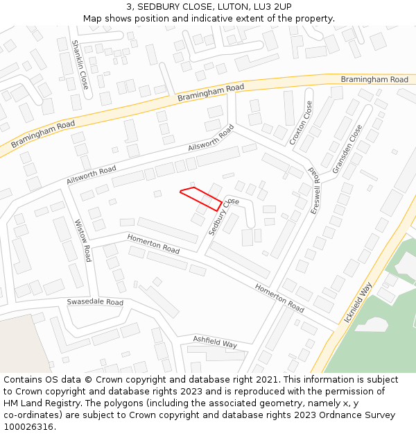 3, SEDBURY CLOSE, LUTON, LU3 2UP: Location map and indicative extent of plot