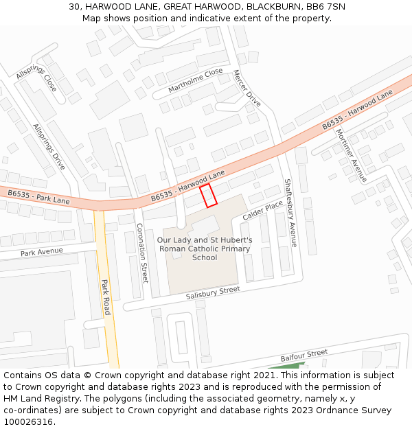 30, HARWOOD LANE, GREAT HARWOOD, BLACKBURN, BB6 7SN: Location map and indicative extent of plot