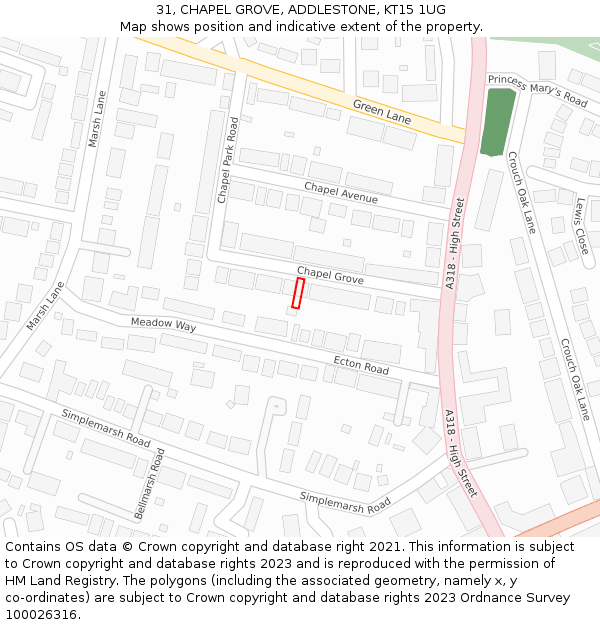 31, CHAPEL GROVE, ADDLESTONE, KT15 1UG: Location map and indicative extent of plot