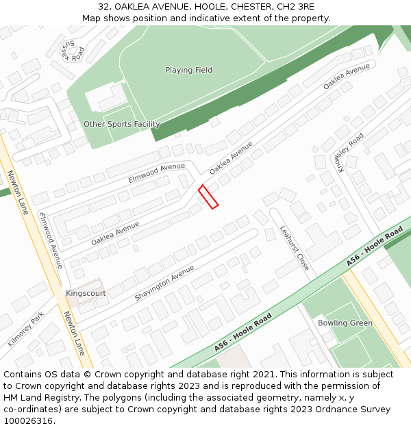 32, OAKLEA AVENUE, HOOLE, CHESTER, CH2 3RE: Location map and indicative extent of plot