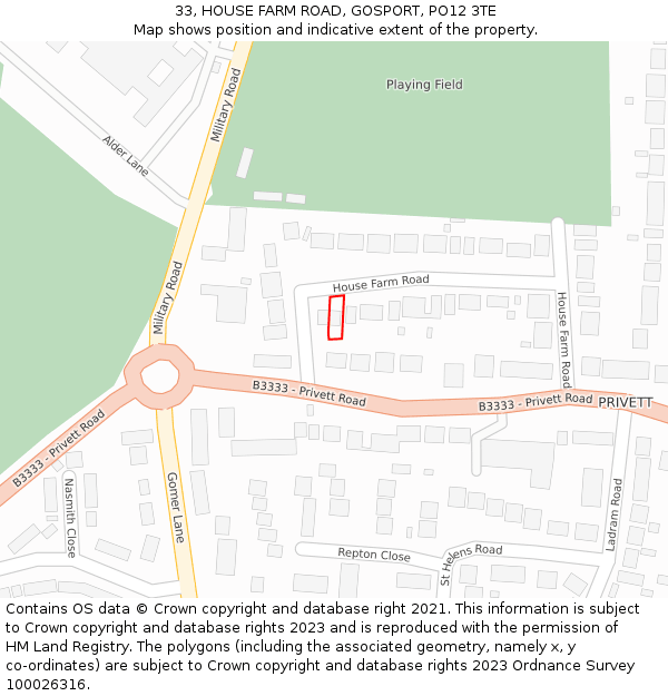 33, HOUSE FARM ROAD, GOSPORT, PO12 3TE: Location map and indicative extent of plot