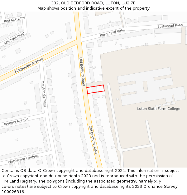 332, OLD BEDFORD ROAD, LUTON, LU2 7EJ: Location map and indicative extent of plot