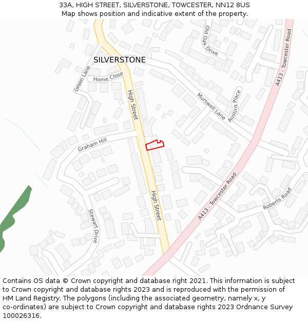 33A, HIGH STREET, SILVERSTONE, TOWCESTER, NN12 8US: Location map and indicative extent of plot