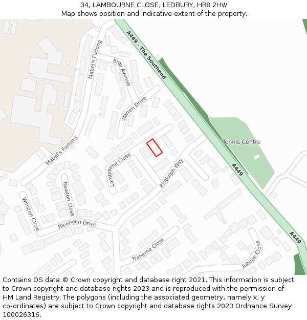 34, LAMBOURNE CLOSE, LEDBURY, HR8 2HW: Location map and indicative extent of plot