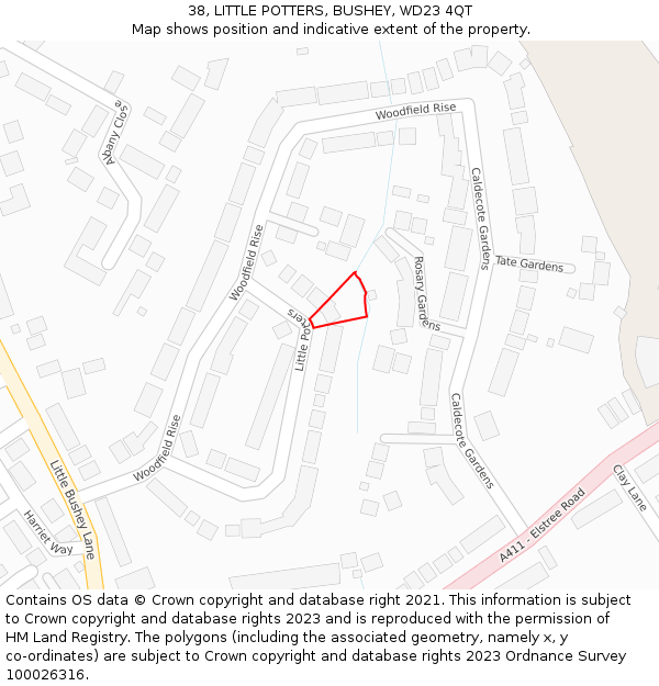 38, LITTLE POTTERS, BUSHEY, WD23 4QT: Location map and indicative extent of plot