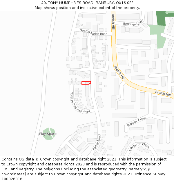 40, TONY HUMPHRIES ROAD, BANBURY, OX16 0FF: Location map and indicative extent of plot