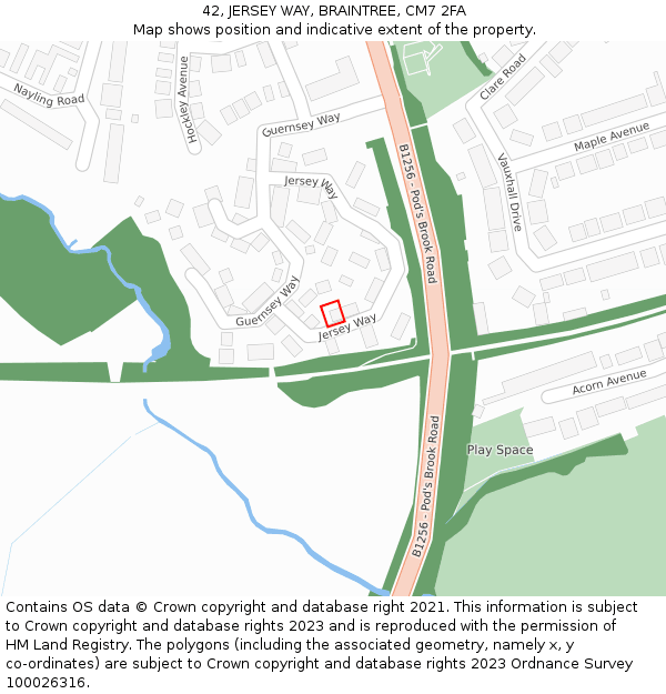42, JERSEY WAY, BRAINTREE, CM7 2FA: Location map and indicative extent of plot