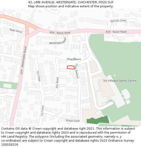 42, LIME AVENUE, WESTERGATE, CHICHESTER, PO20 3UF: Location map and indicative extent of plot