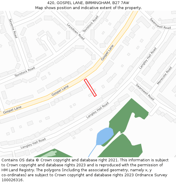 420, GOSPEL LANE, BIRMINGHAM, B27 7AW: Location map and indicative extent of plot