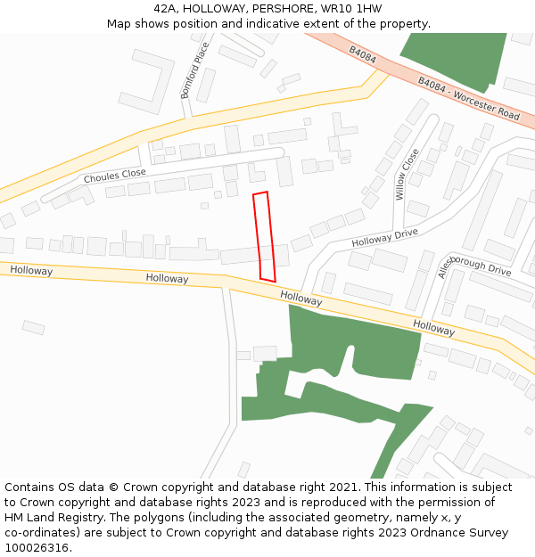 42A, HOLLOWAY, PERSHORE, WR10 1HW: Location map and indicative extent of plot