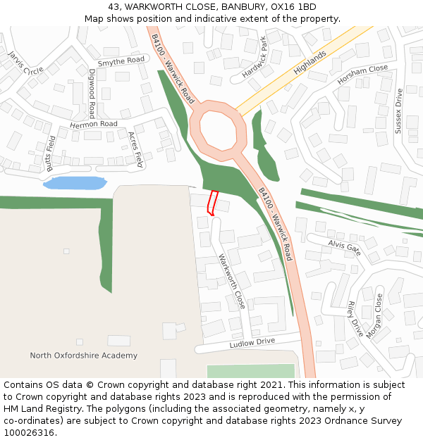 43, WARKWORTH CLOSE, BANBURY, OX16 1BD: Location map and indicative extent of plot