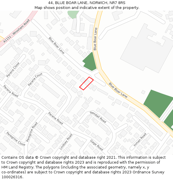 44, BLUE BOAR LANE, NORWICH, NR7 8RS: Location map and indicative extent of plot