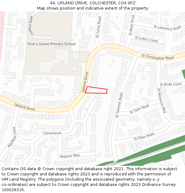 44, UPLAND DRIVE, COLCHESTER, CO4 0PZ: Location map and indicative extent of plot