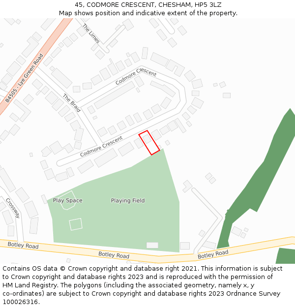 45, CODMORE CRESCENT, CHESHAM, HP5 3LZ: Location map and indicative extent of plot