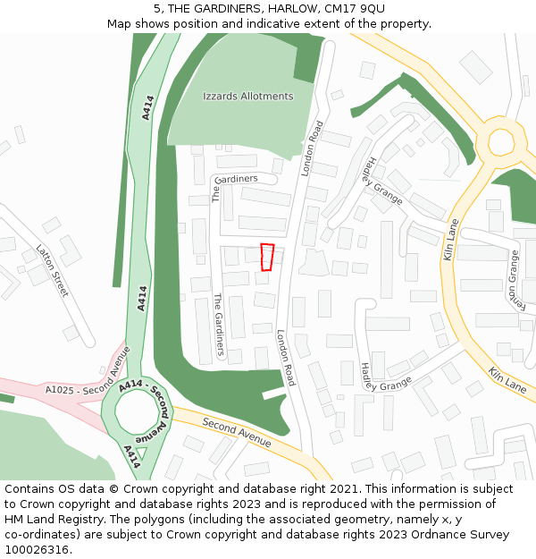 5, THE GARDINERS, HARLOW, CM17 9QU: Location map and indicative extent of plot