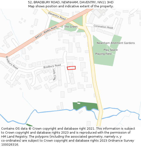 52, BRADBURY ROAD, NEWNHAM, DAVENTRY, NN11 3HD: Location map and indicative extent of plot