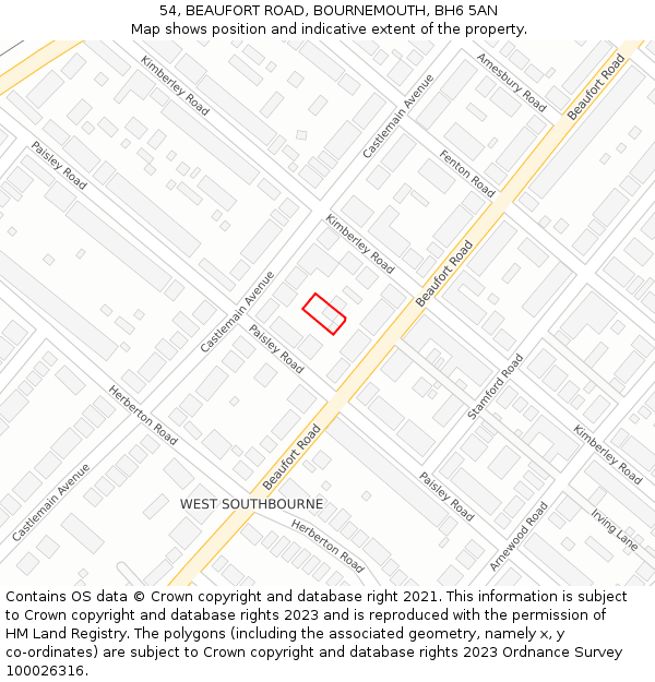 54, BEAUFORT ROAD, BOURNEMOUTH, BH6 5AN: Location map and indicative extent of plot