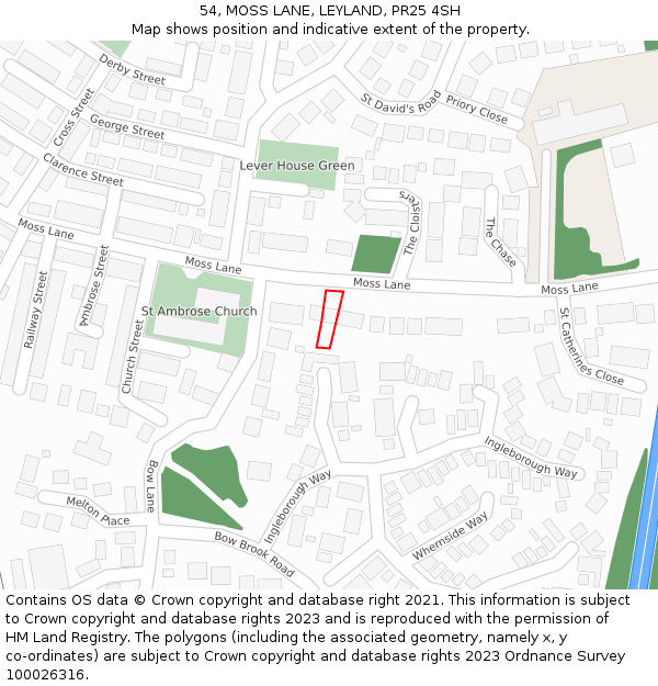 54, MOSS LANE, LEYLAND, PR25 4SH: Location map and indicative extent of plot