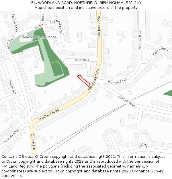 54, WOODLAND ROAD, NORTHFIELD, BIRMINGHAM, B31 2HY: Location map and indicative extent of plot