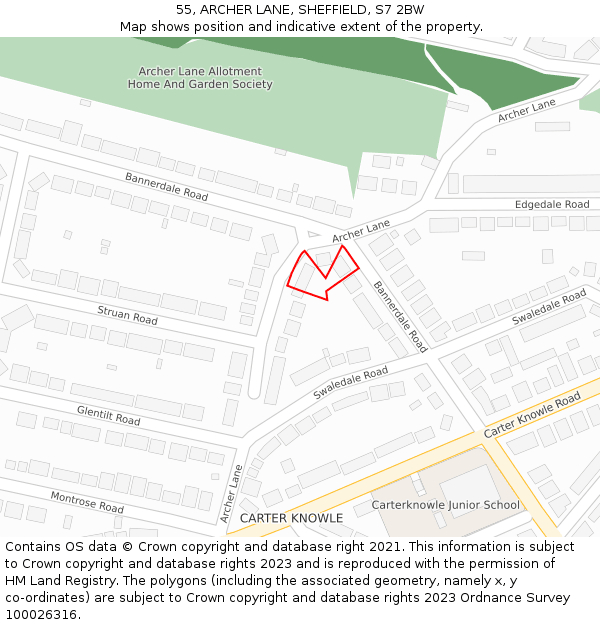 55, ARCHER LANE, SHEFFIELD, S7 2BW: Location map and indicative extent of plot