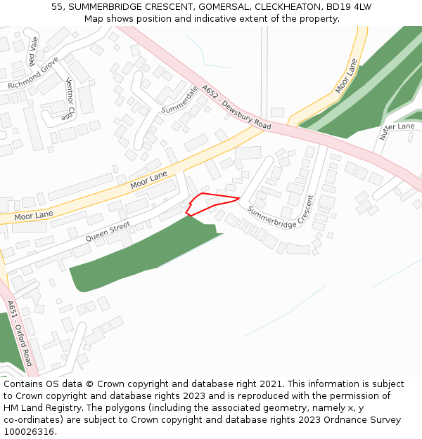 55, SUMMERBRIDGE CRESCENT, GOMERSAL, CLECKHEATON, BD19 4LW: Location map and indicative extent of plot