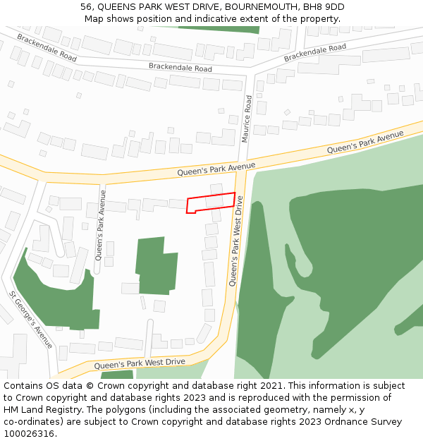 56, QUEENS PARK WEST DRIVE, BOURNEMOUTH, BH8 9DD: Location map and indicative extent of plot