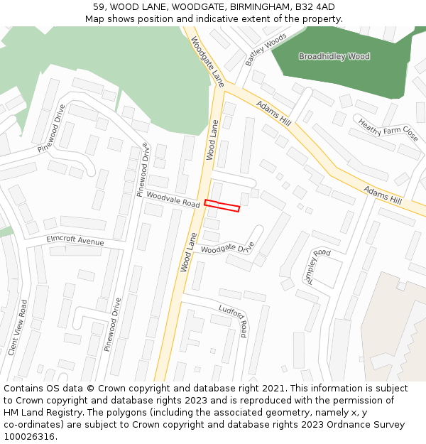 59, WOOD LANE, WOODGATE, BIRMINGHAM, B32 4AD: Location map and indicative extent of plot
