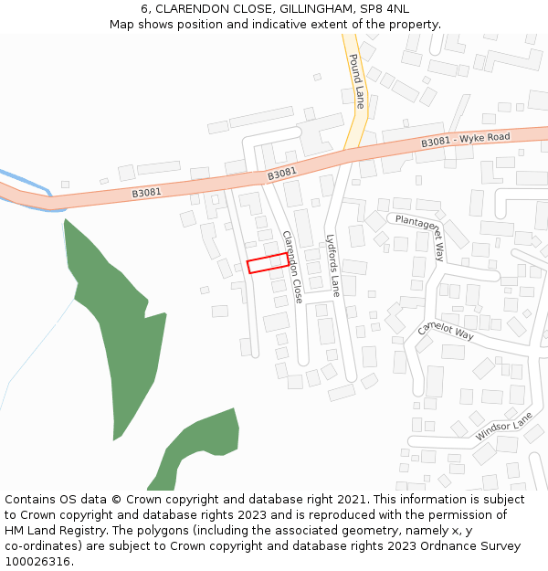 6, CLARENDON CLOSE, GILLINGHAM, SP8 4NL: Location map and indicative extent of plot