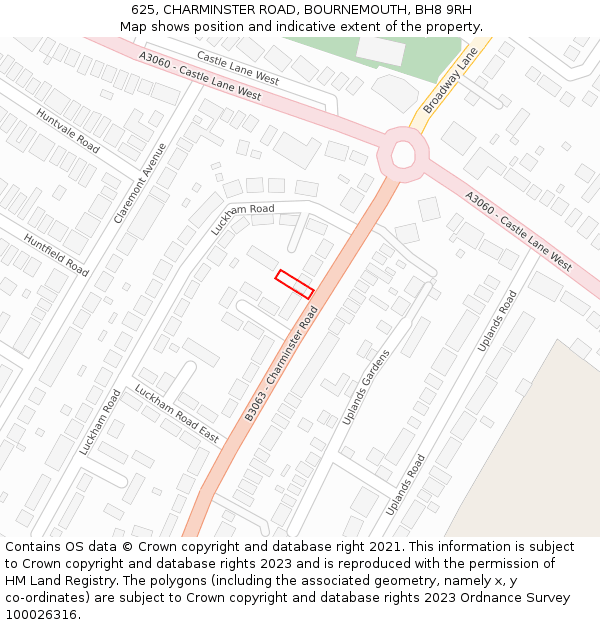625, CHARMINSTER ROAD, BOURNEMOUTH, BH8 9RH: Location map and indicative extent of plot