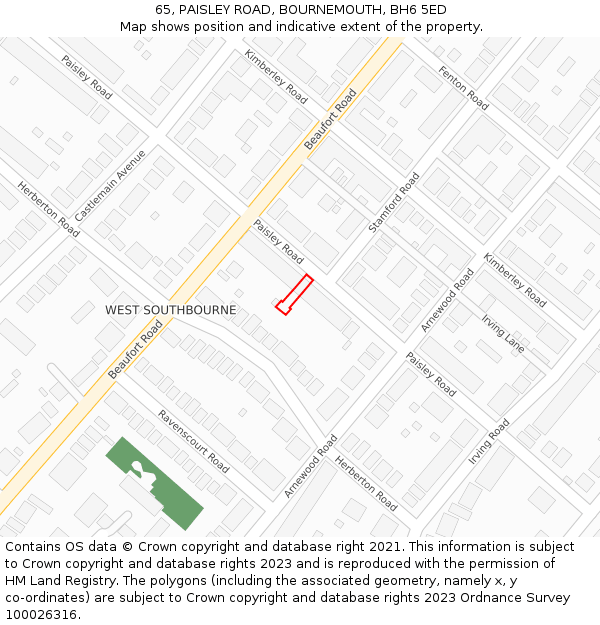 65, PAISLEY ROAD, BOURNEMOUTH, BH6 5ED: Location map and indicative extent of plot