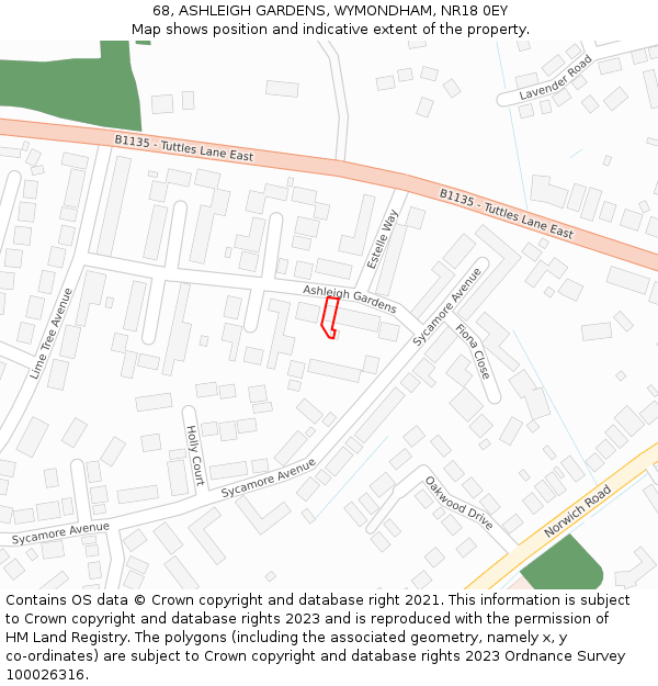 68, ASHLEIGH GARDENS, WYMONDHAM, NR18 0EY: Location map and indicative extent of plot