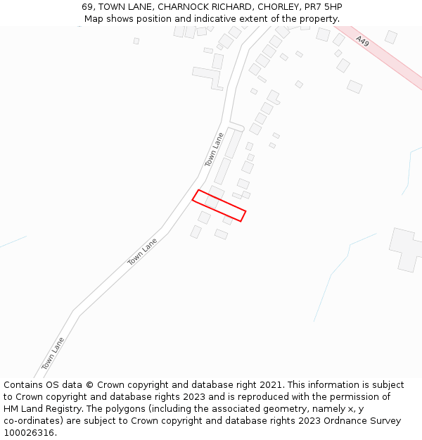 69, TOWN LANE, CHARNOCK RICHARD, CHORLEY, PR7 5HP: Location map and indicative extent of plot