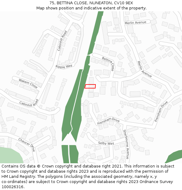 75, BETTINA CLOSE, NUNEATON, CV10 9EX: Location map and indicative extent of plot