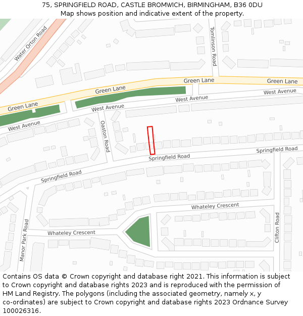 75, SPRINGFIELD ROAD, CASTLE BROMWICH, BIRMINGHAM, B36 0DU: Location map and indicative extent of plot
