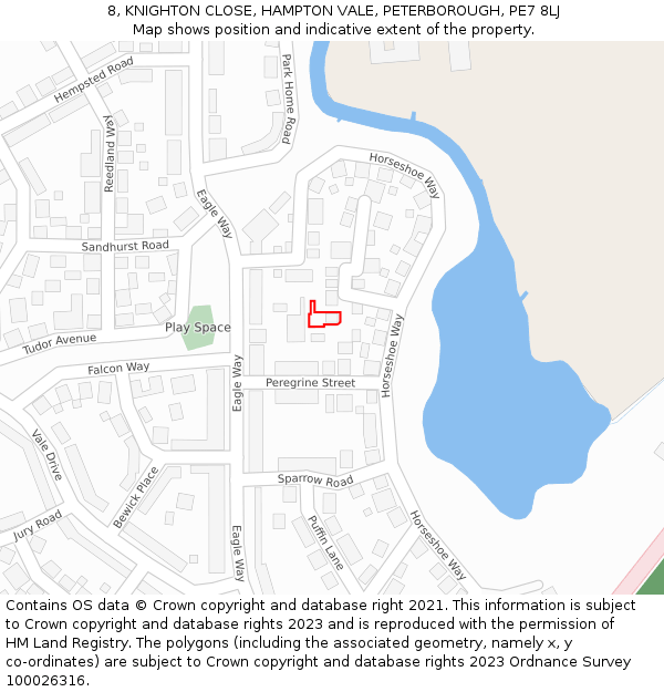 8, KNIGHTON CLOSE, HAMPTON VALE, PETERBOROUGH, PE7 8LJ: Location map and indicative extent of plot