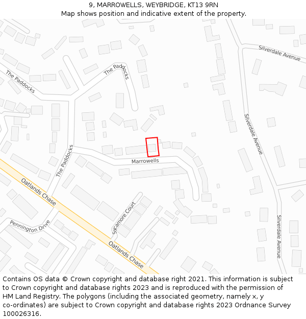 9, MARROWELLS, WEYBRIDGE, KT13 9RN: Location map and indicative extent of plot