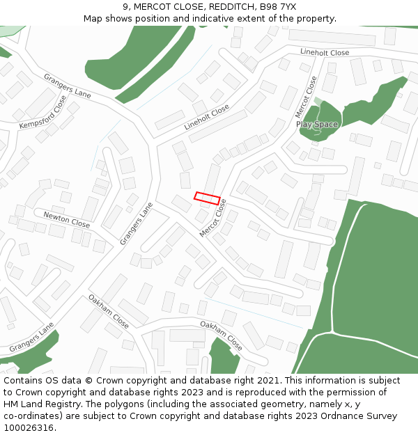 9, MERCOT CLOSE, REDDITCH, B98 7YX: Location map and indicative extent of plot
