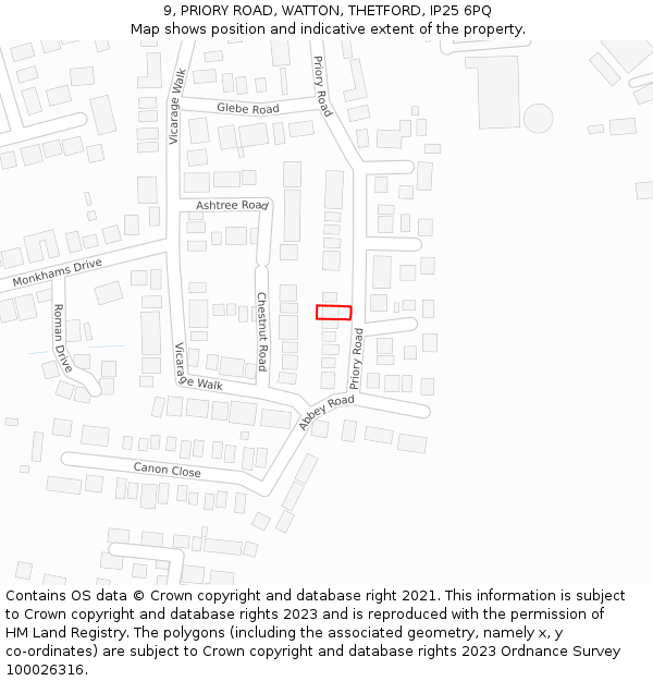 9, PRIORY ROAD, WATTON, THETFORD, IP25 6PQ: Location map and indicative extent of plot